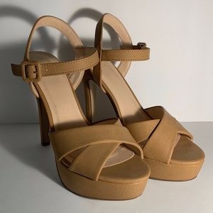 Tan Open Toe Platform Pumps with Strap